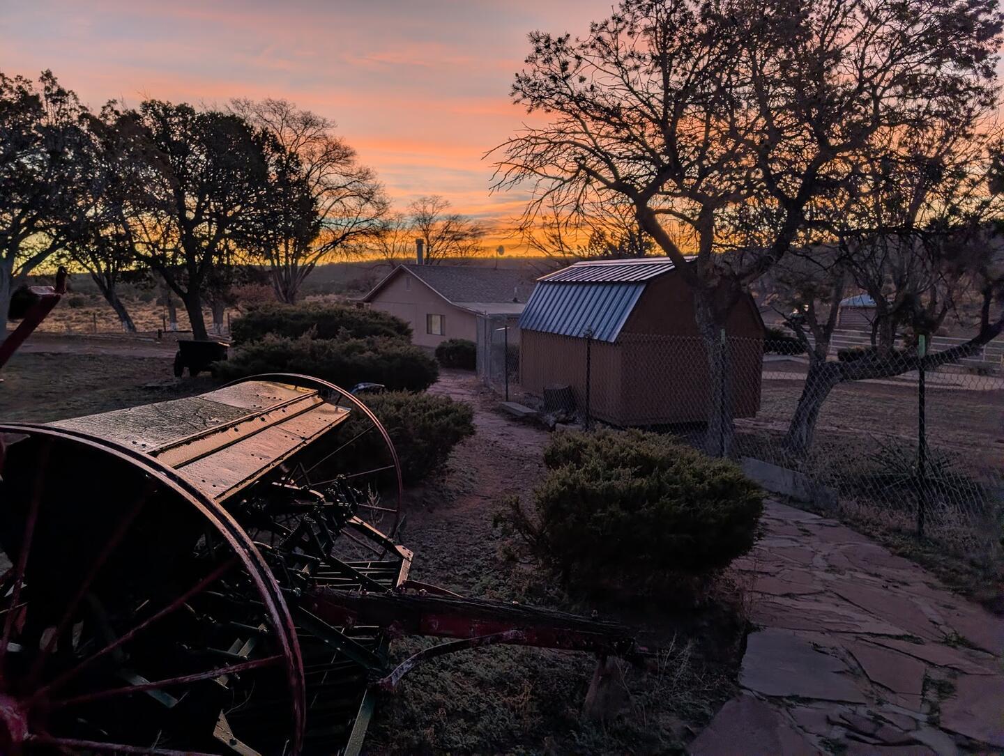 An antique iron farm implement beside a flagstone path, sheds and juniper behind at dusk