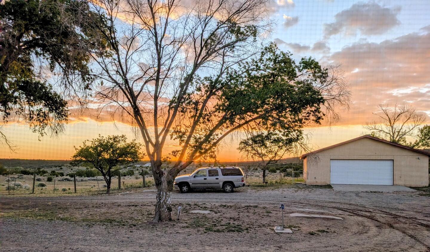 A wider view of the cottonwood, the SUV and the tan garage at sunset