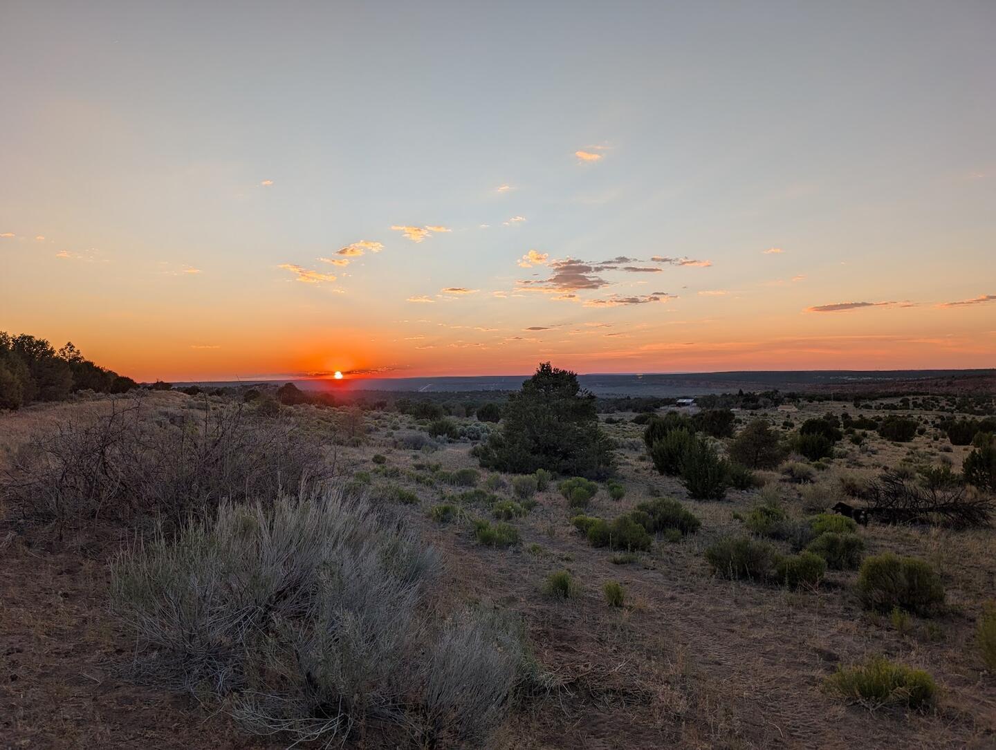 The sun setting into the far horizon over sagebrush